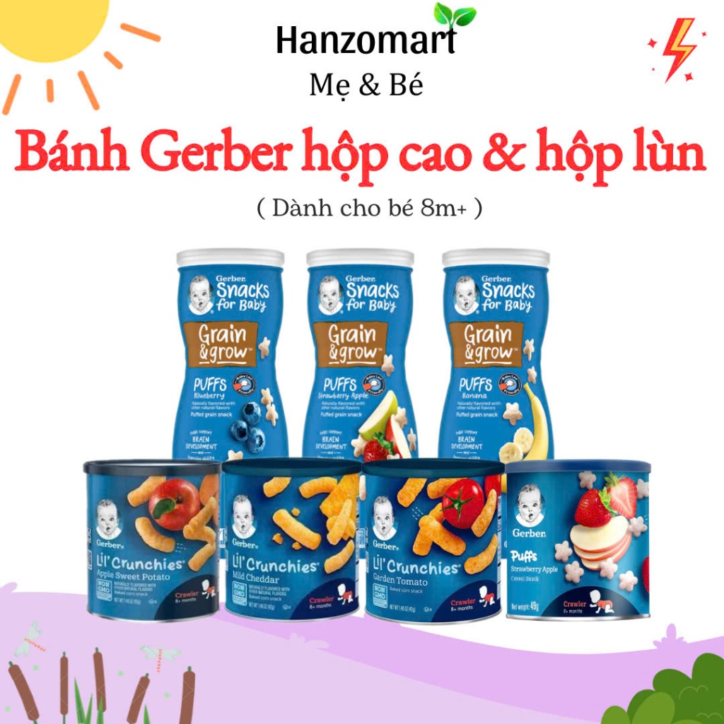 Bánh Ăn Dặm Gerber Puffs ăn dặm cho bé cao hình sao (8m+) (mẫu mới nắp trắng)