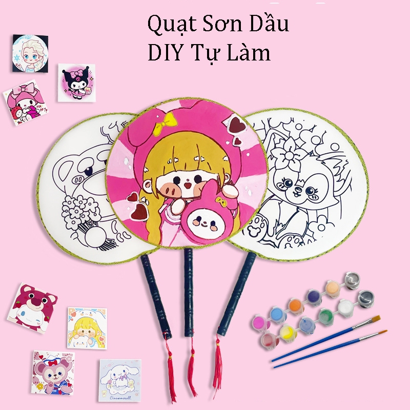 Quạt Tranh Sơn Dầu Tô Màu  DIY Mẩu Kuromi Hoạt Hình Cực Xinh