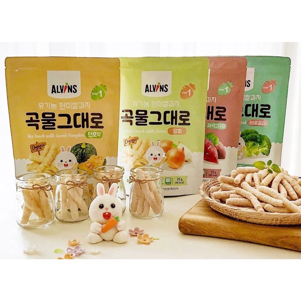 Bánh ăn dặm cho bé gạo lứt rau củ hữu cơ Alvins hình que 6m+ túi zip 25g