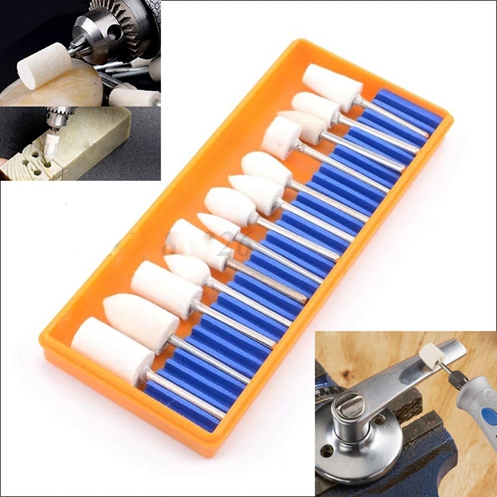 Bộ 13 đầu mài mịn lông cừu cán 3mm, đánh bóng trang sức kim loại đá thủy tinh gỗ gạch men nhựa