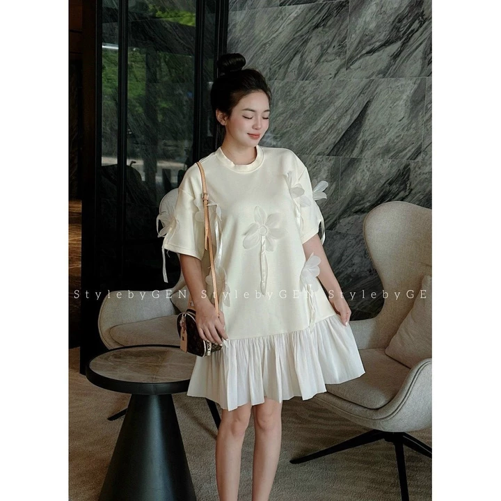Váy bầu thiết kế , đầm bầu dự tiệc babydoll cotton hoa nổi dáng xòe đuôi cá 2 màu hot hit siêu xinh đầm bầu Elly – 2