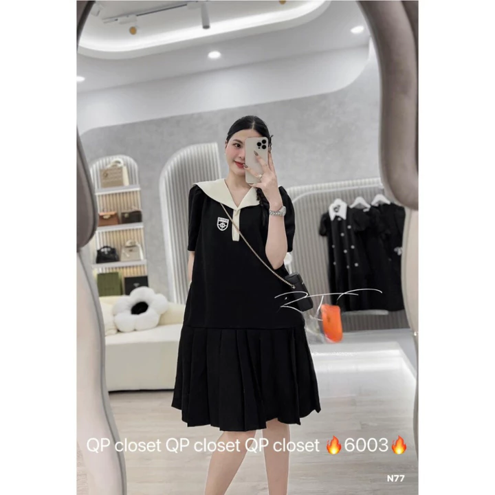 Đầm bầu công sở , váy bầu thiết kế đuôi cá dập ly phối cổ thủy thủ thêu logo trẻ trung năng động đầm bầu Elly