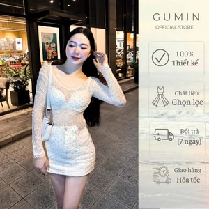Áo len GUMN thiết kế áo dài tay hở lưng có đính đá, len lưới mỏng sang trọng cao cấp
