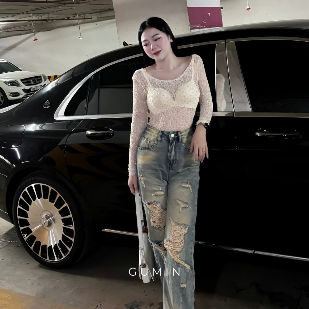 Áo len GUMN thiết kế áo dài tay hở lưng có đính đá, len lưới mỏng sang trọng cao cấp