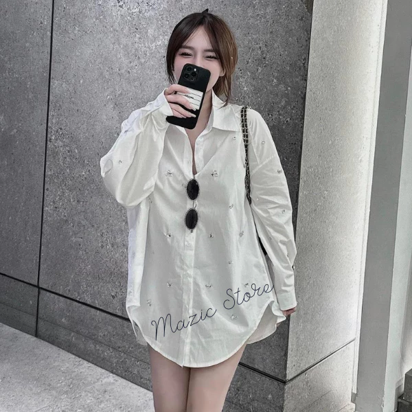 Sơ mi ĐÍNH ĐÁ nữ Size 40kg - 60kg, Sơ mi trắng dài tay, sơ mi học sinh, sơ mi dài tay đính đá nữ Mazic Store