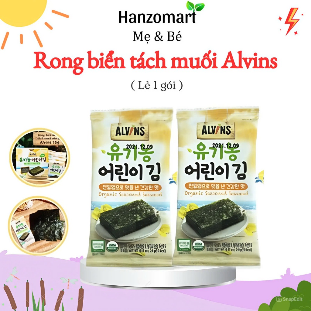 Rong Biển Tách Muối Hữu Cơ Alvins cho bé, Rong Biển Hữu Cơ Dạng Lá Alvins Hàn Quốc 15g - hanzo2009