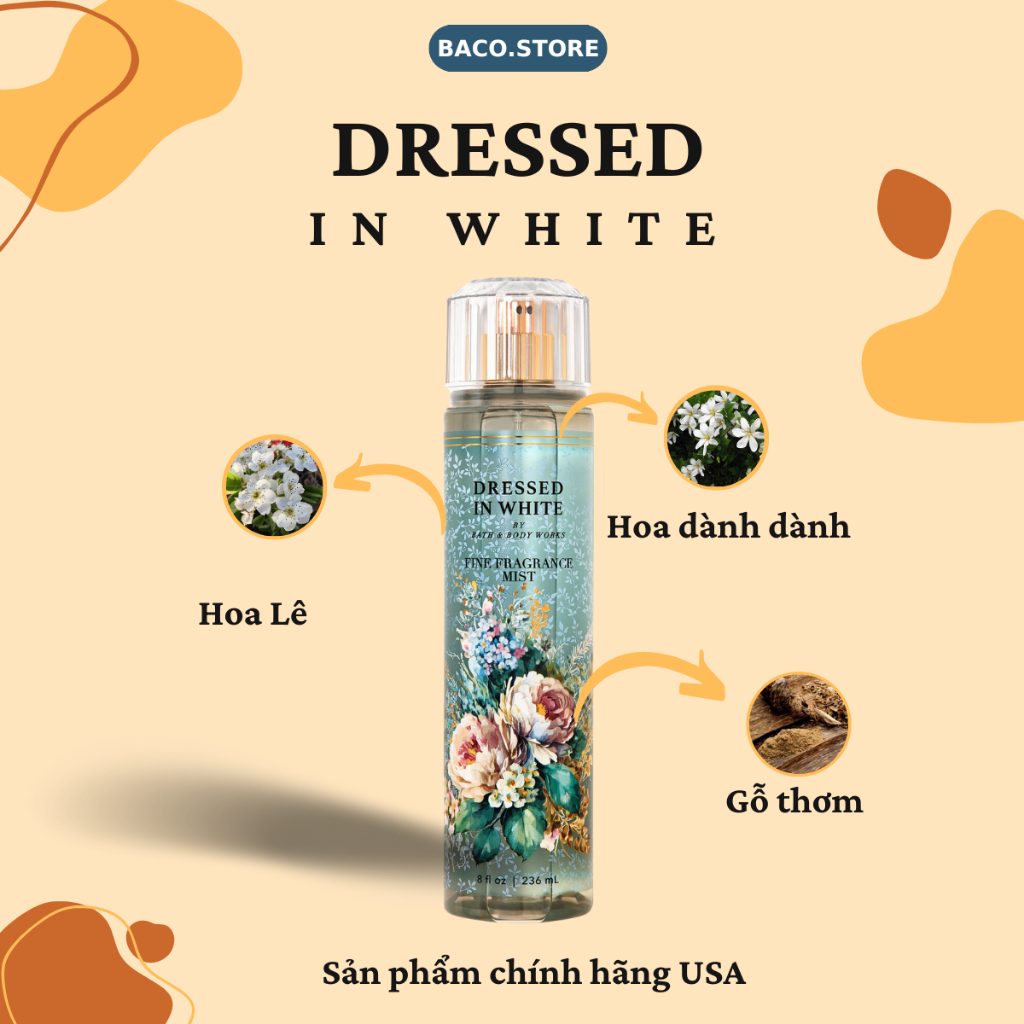 body mist Xịt thơm toàn thân Dressed in White 236ml Chính hãng USA