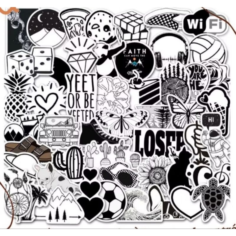 Set combo 50 miếng dán sticker retro trắng đen dán nón mũ bảo hiểm ...