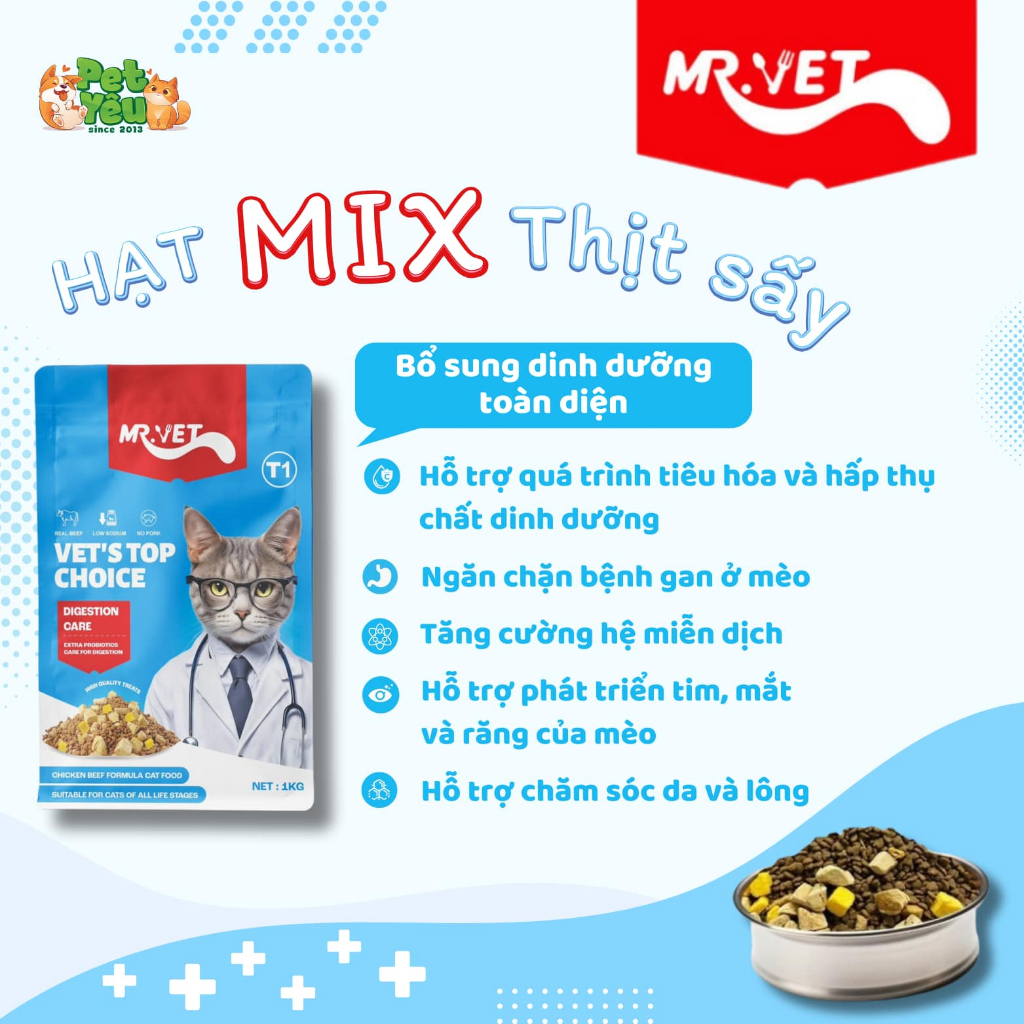 Thức Ăn Hạt Cho Mèo Mr.Vet 1kg Hạt Giàu Đạm, Hỗ Trợ Tiết Niệu Và Giúp Tiêu Búi Lông