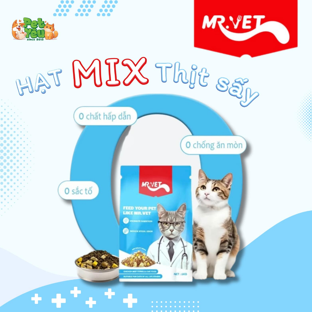 Thức Ăn Hạt Cho Mèo Mr.Vet 1kg Hạt Giàu Đạm, Hỗ Trợ Tiết Niệu Và Giúp Tiêu Búi Lông