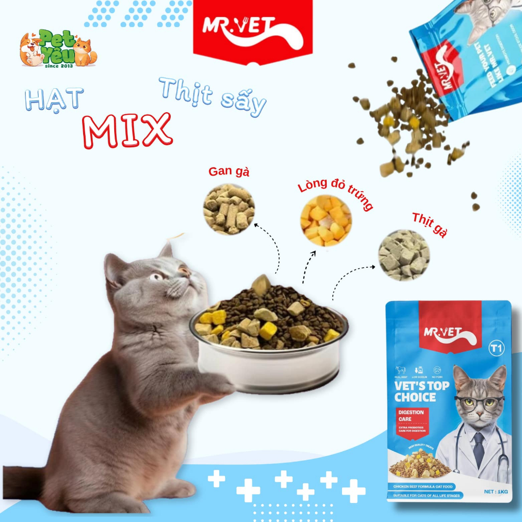 Thức Ăn Hạt Cho Mèo Mr.Vet 1kg Hạt Giàu Đạm, Hỗ Trợ Tiết Niệu Và Giúp Tiêu Búi Lông