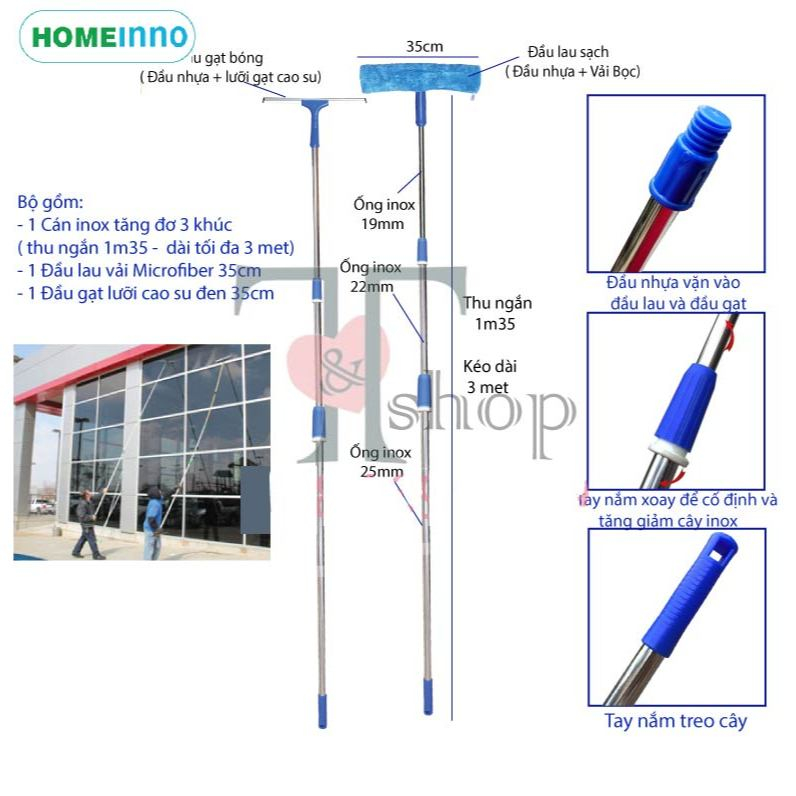 Bộ Cây Lau Kính, Gạt Kiếng Homeinno Cán Tăng Đơ Thu Ngắn 130cm Dài Ra 3met