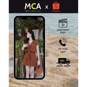 Set váy nữ sọc cà vạt áo tay ngắn, áo sơ mi mix chân váy xoè mặc đi chơi chất kaki