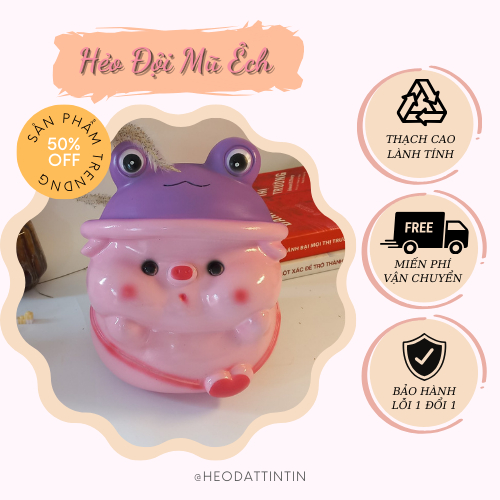 Heo đất tiết kiệm heo đội mũ ếch cute size to ống heo tiết kiệm làm quà tặng, trang trí, decor