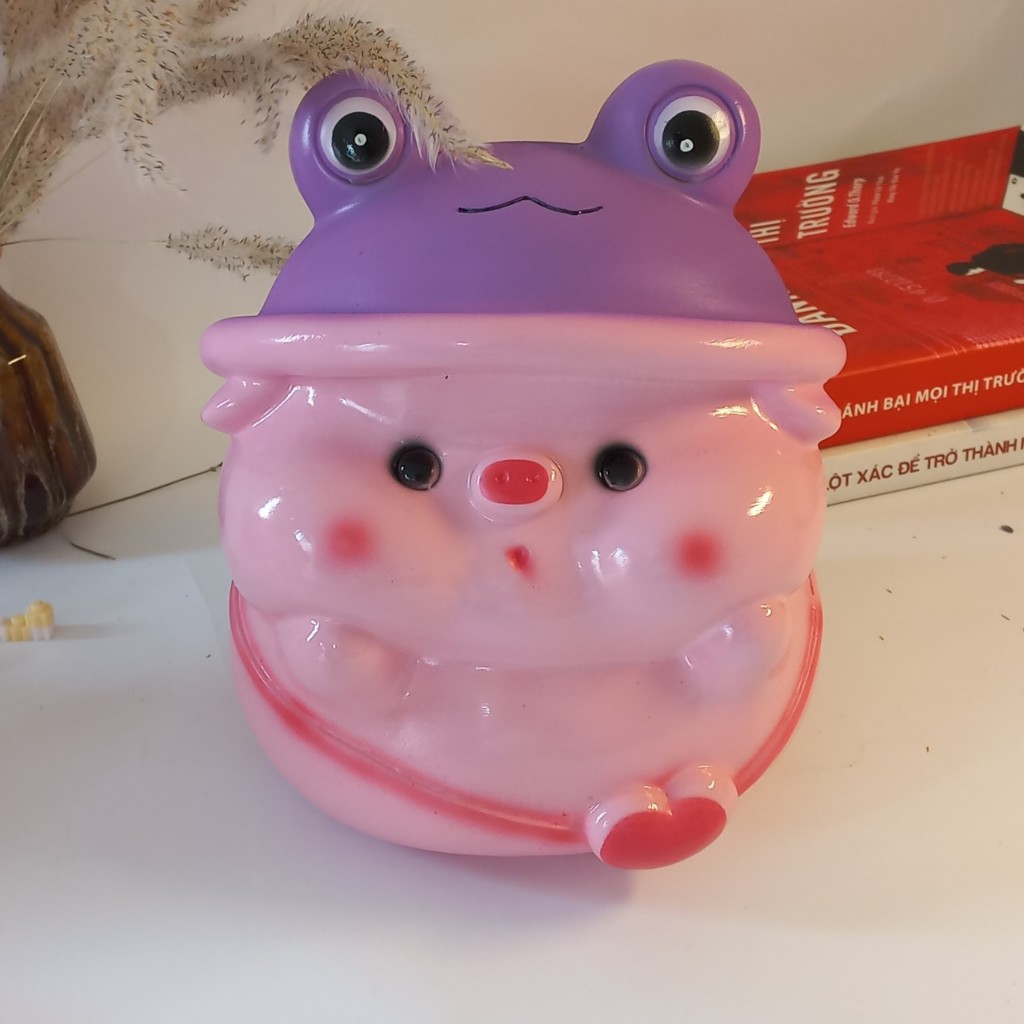 Heo đất tiết kiệm heo đội mũ ếch cute size to ống heo tiết kiệm làm quà tặng, trang trí, decor