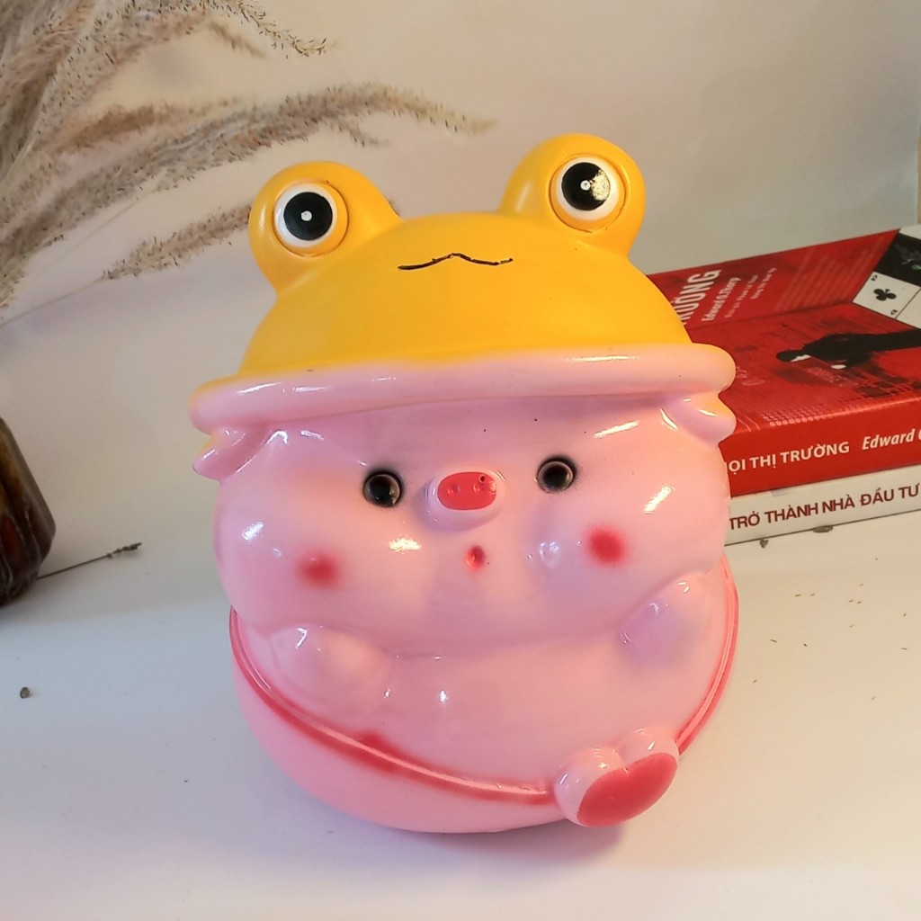 Heo đất tiết kiệm heo đội mũ ếch cute size to ống heo tiết kiệm làm quà tặng, trang trí, decor