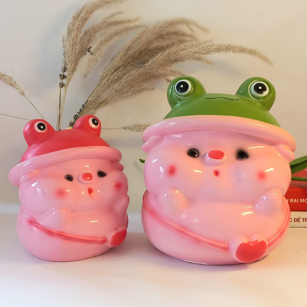 Heo đất tiết kiệm heo đội mũ ếch cute size to ống heo tiết kiệm làm quà tặng, trang trí, decor