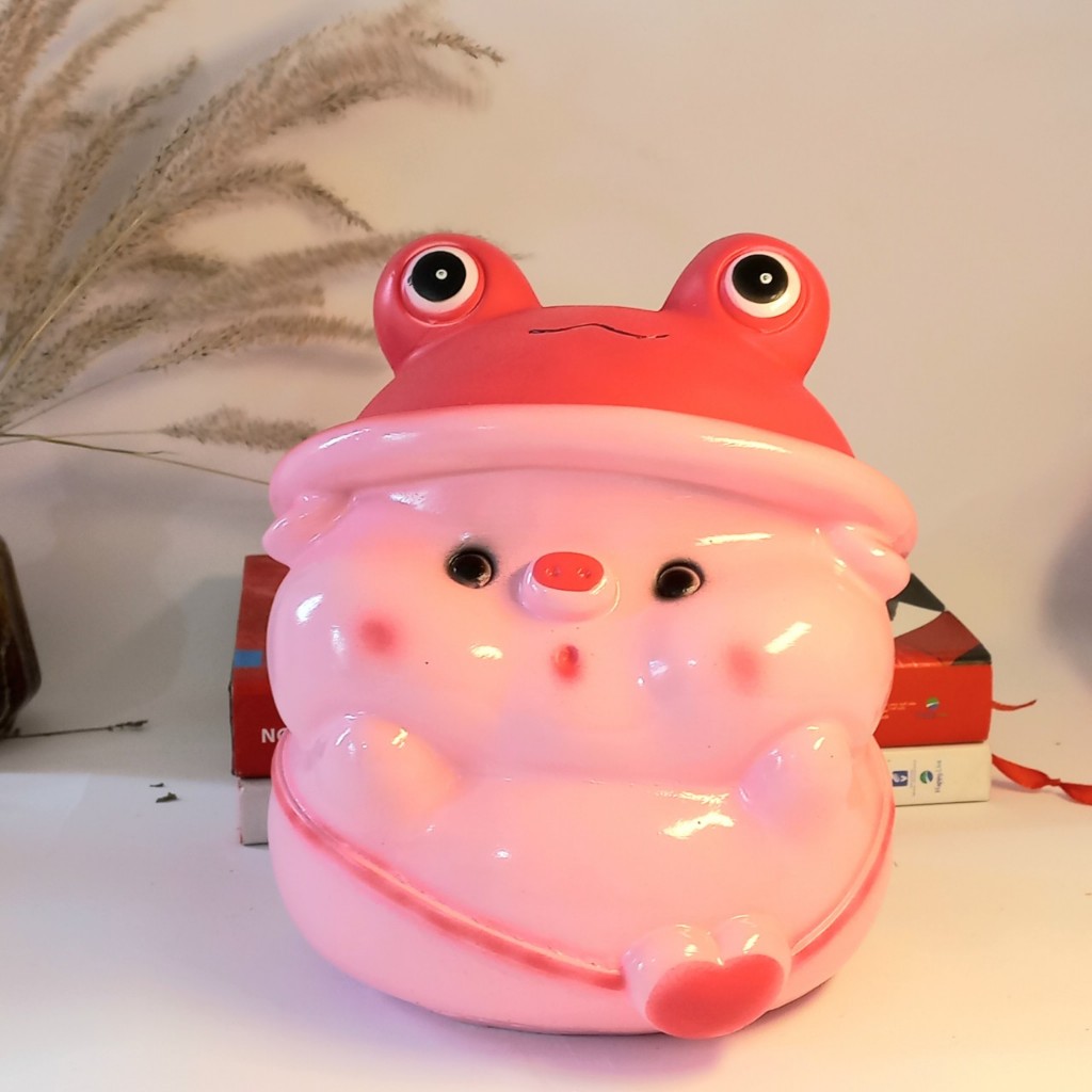 Heo đất tiết kiệm heo đội mũ ếch cute size to ống heo tiết kiệm làm quà tặng, trang trí, decor