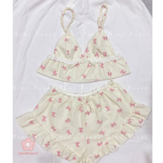 Set nội y mặc ngủ chất thô cotton nơ hồng - handmade by Mimi house