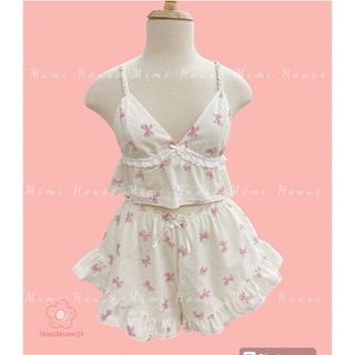 Set nội y mặc ngủ chất thô cotton nơ hồng - handmade by Mimi house