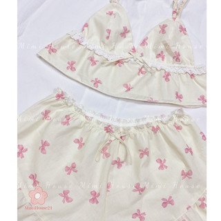 Set nội y mặc ngủ chất thô cotton nơ hồng - handmade by Mimi house