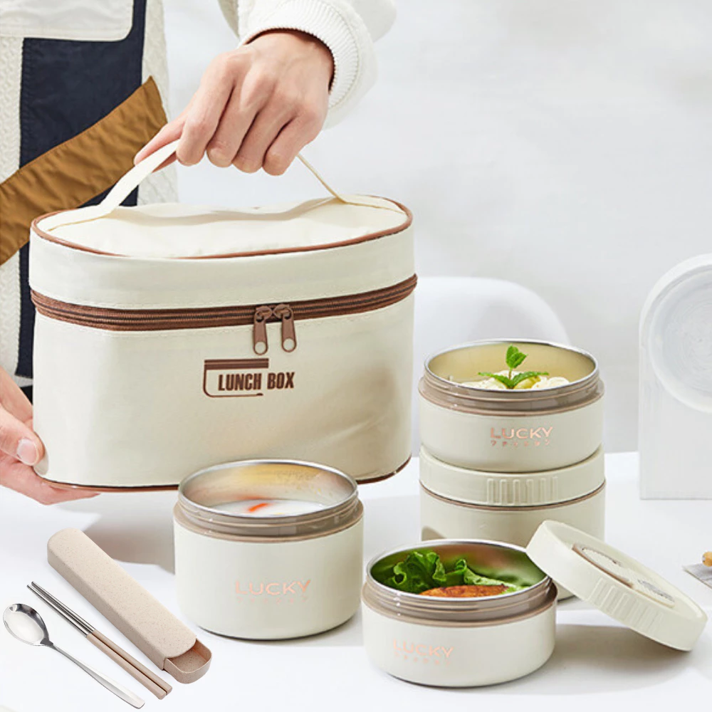 Hộp cơm giữ nhiệt Lunch box 3 tầng Cà mên giữ nhiệt chống tràn tặng kèm túi đũa thìa SP02
