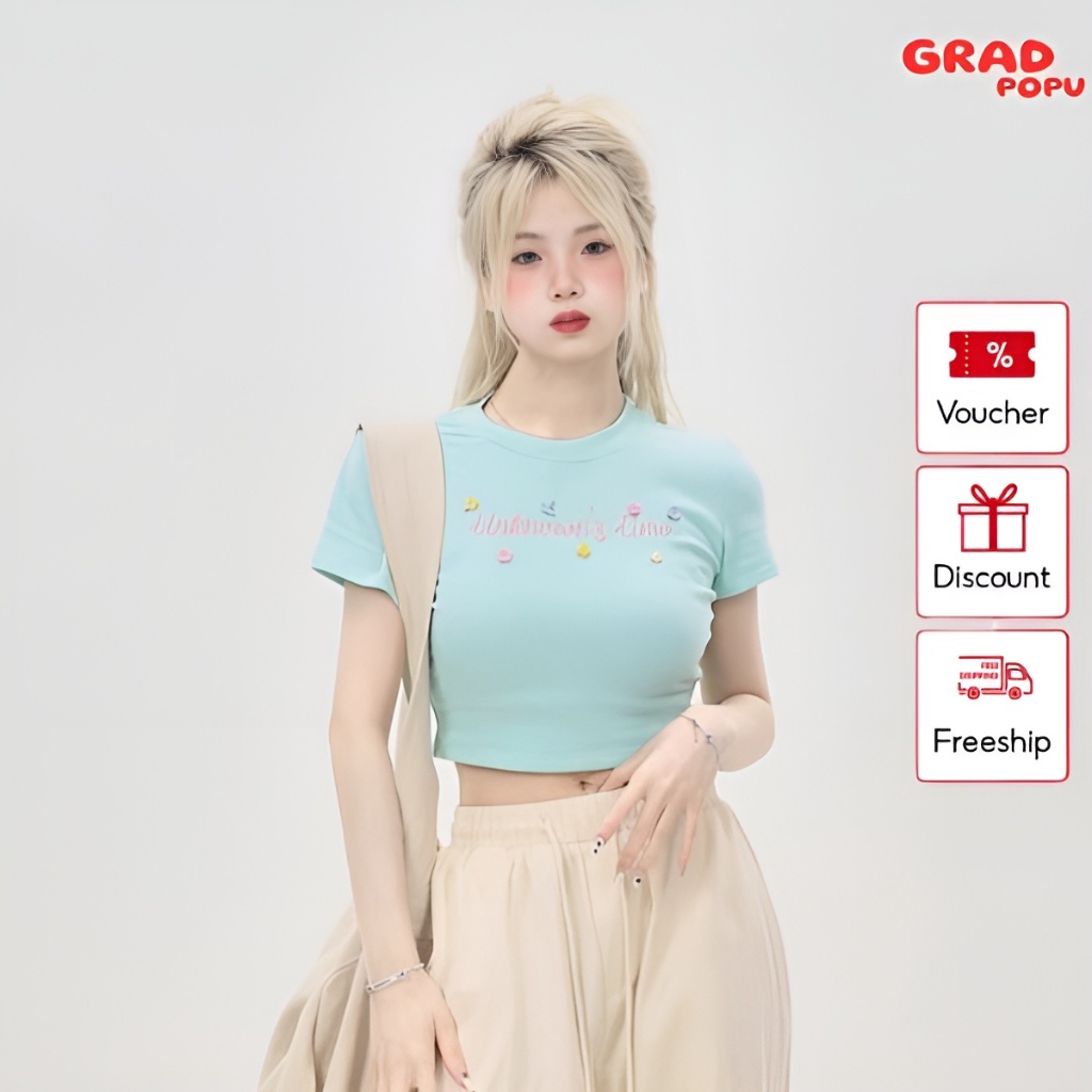Áo croptop nữ GRADPOPU PPAT18 tay ngắn cổ tròn thêu chữ độc đáo, áo kiểu nữ dáng ôm chất thun mềm mịn thoáng mát