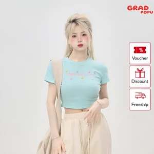 Áo croptop nữ GRADPOPU PPAT18 tay ngắn cổ tròn thêu chữ độc đáo, áo kiểu nữ dáng ôm chất thun mềm mịn thoáng mát