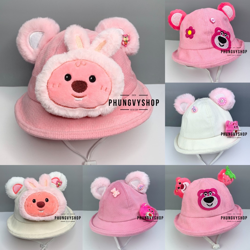 Mũ bucket tai bèo vành gái trẻ em phungvyshop-nón BO gấu dâu lotso hải ly LẬT NHUNG TUYẾT NỈ CÁCLOẠI