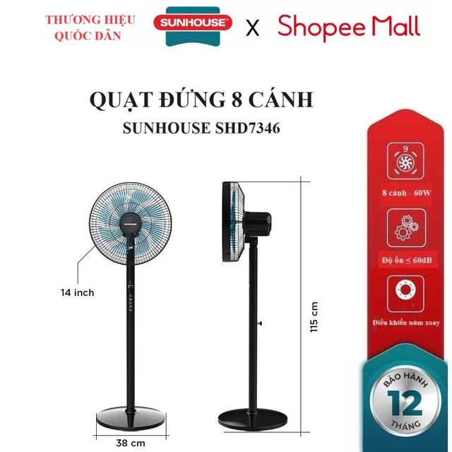QUẠT ĐỨNG 8 CÁNH SUNHOUSE SHD7346, Công suất60W, Điều khiển cảm ứng, Tích hợp điều khiển từ xa, 3 chế độ gió,