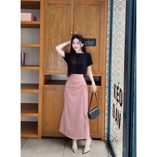 Set váy thời trang nữ áo chất thun tăm tay ngắn mix chân váy xòe dáng dài vải tuyết mưa dịu dàng nữ tính