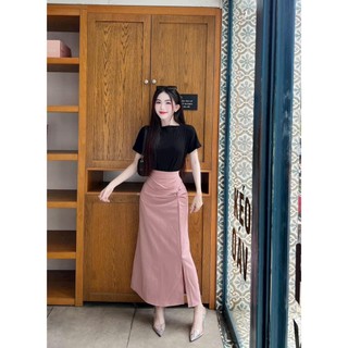 Set váy thời trang nữ áo chất thun tăm tay ngắn mix chân váy xòe dáng dài vải tuyết mưa dịu dàng nữ tính