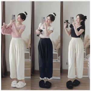 Set Bộ Áo Thun Nữ Ngắn Tay Thiết Kế Ren Viền Cổ Kèm Quần Đũi Suông Nhún Bèo Xinh Xắn Hottrend