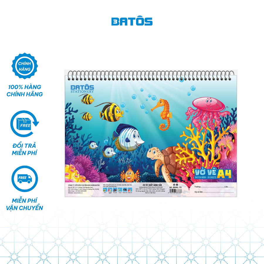 [10 cuốn]Vở vẽ 100gsm 40 trang (20 tờ) gáy lò xo A4 Batos giấy vàng chất lượng cao, không hại mắt.