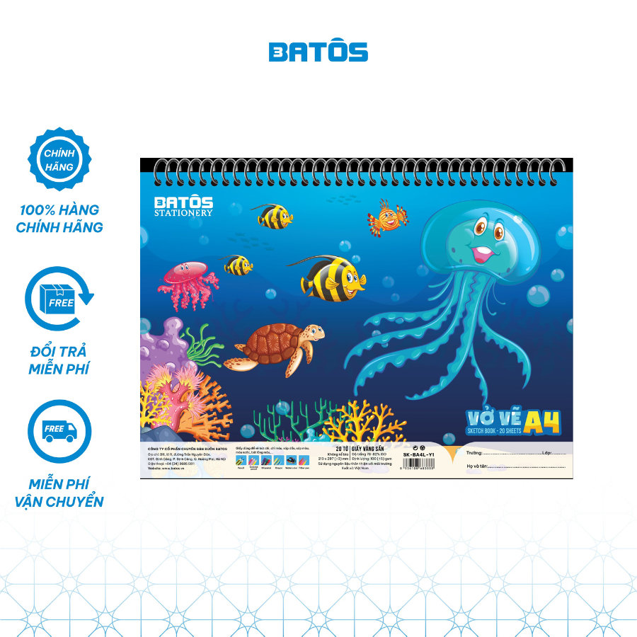 [10 cuốn]Vở vẽ 100gsm 40 trang (20 tờ) gáy lò xo A4 Batos giấy vàng chất lượng cao, không hại mắt.