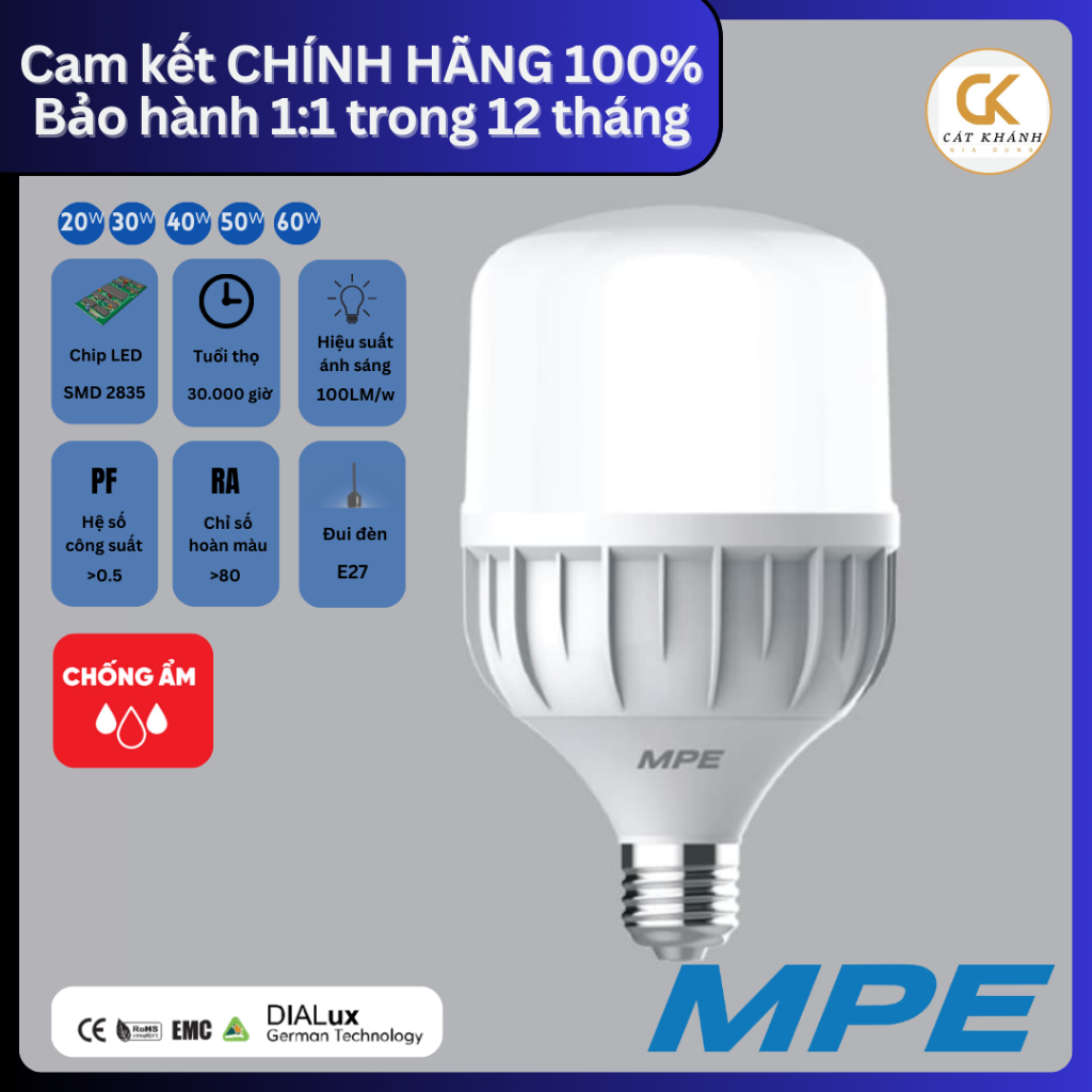 Đèn LED buld trụ tròn chống ẩm MPE LBD3 20w/30w/40w/50w/60w trắng (Bảo ...