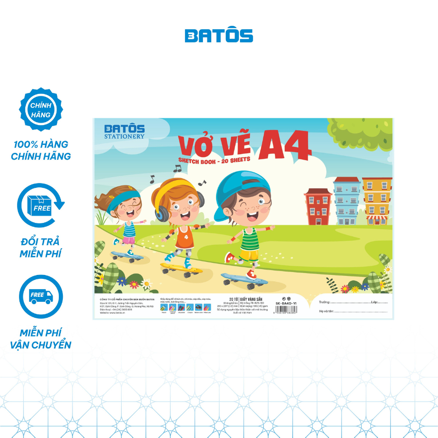 [5 cuốn]Vở vẽ 100gsm 40 trang (20 tờ) dán gáy A4 Batôs 3vàng sần, tốt cho mắt bé.