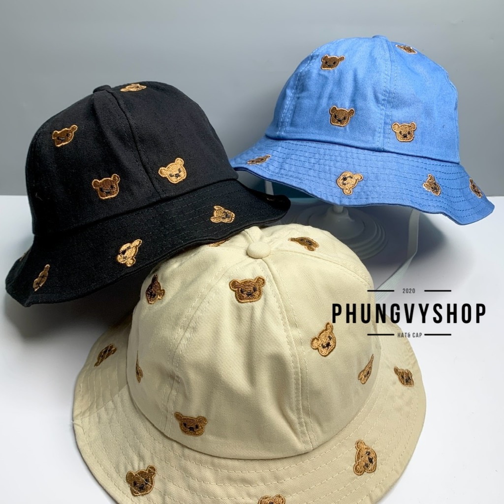 Bé 2-3Tuổi/Vđ 50cm_Mũ bucket tai bèo vành cực dễ thương gái trẻ em phungvyshop-nón BO KAKI MÚI THÊU GẤU NÂU HẾT MŨ