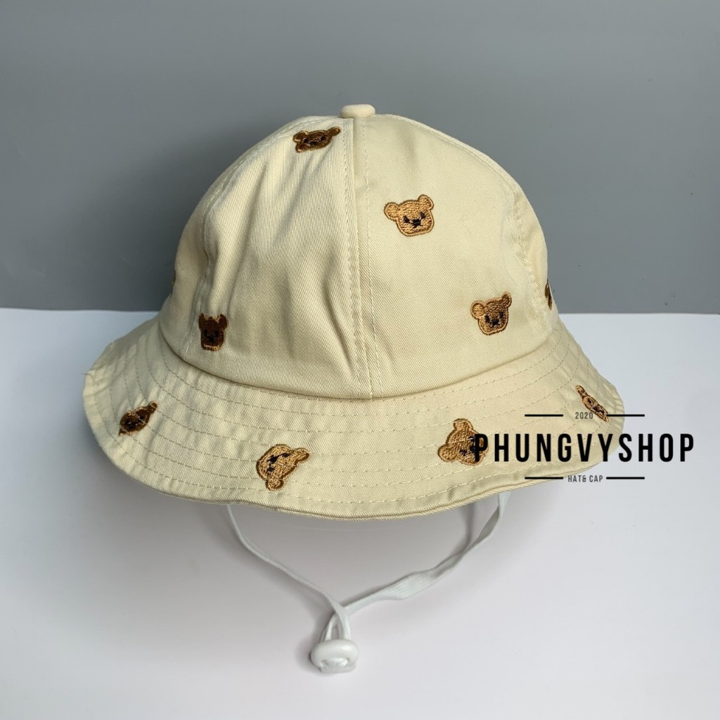Bé 2-3Tuổi/Vđ 50cm_Mũ bucket tai bèo vành cực dễ thương gái trẻ em phungvyshop-nón BO KAKI MÚI THÊU GẤU NÂU HẾT MŨ