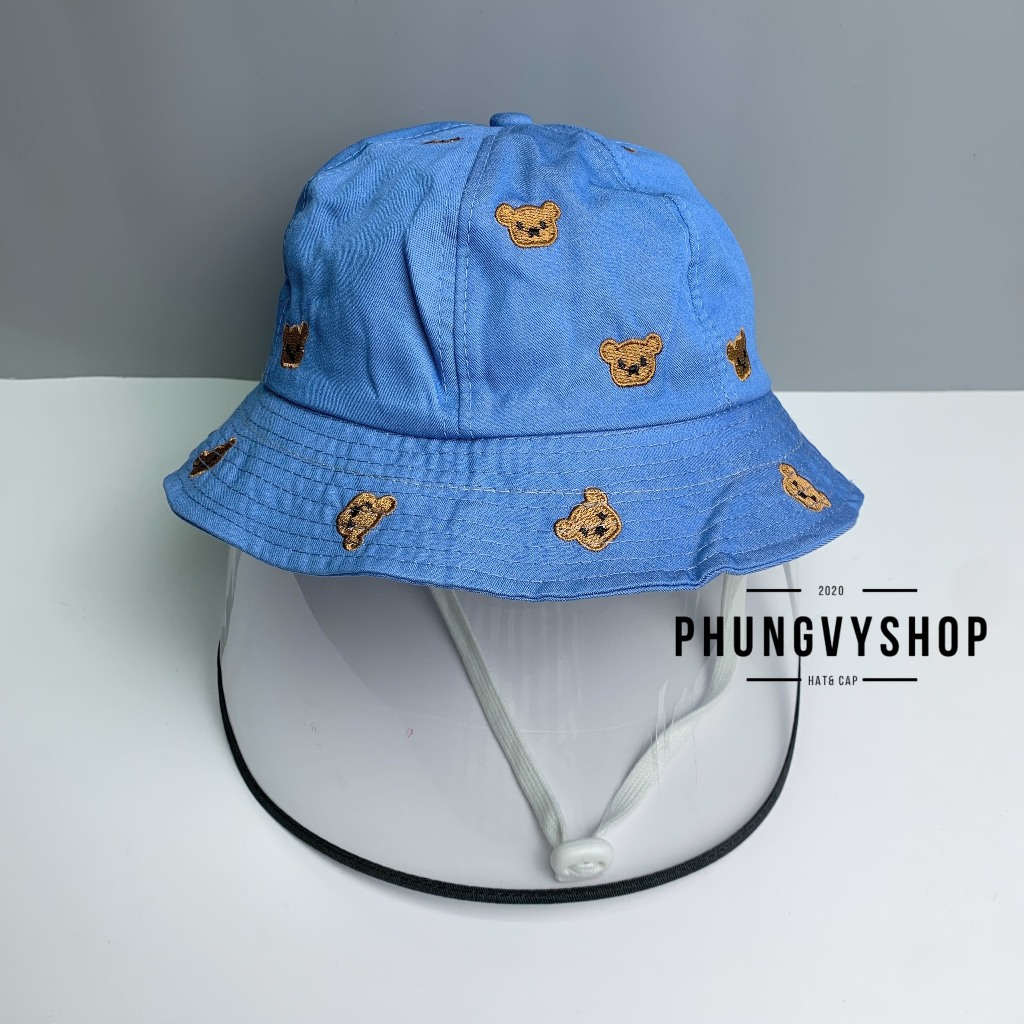 Bé 2-3 Tuổi/ Vđ 50cm_Mũ chống giọt bắn, chắn bụi gió mưa tai bèo vành trẻ em phungvyshop-Nón KIẾNG MÚI THÊU GẤU HẾT MŨ