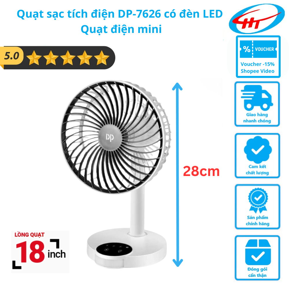 Quạt sạc tích điện DP-7626 có đèn LED - Quạt điện mini, nội địa trung ...