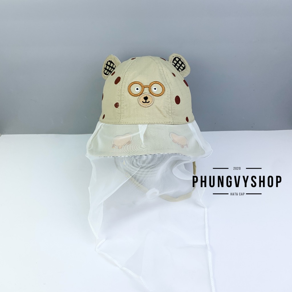 I VĐ 47cm/ Dưới 12 tháng I Mũ cho bé có khăn voan cản gió che bụi cho bé sơ sinh- BO NHÍ VON GẤU ĐEO KÍNH- nón trai gái