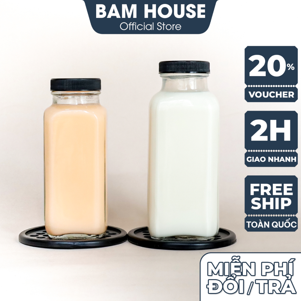 Ảnh Chai thuỷ tinh vuông Bam House dung tích 250ml 350ml nắp nhựa đen cao cấp CSV05 1