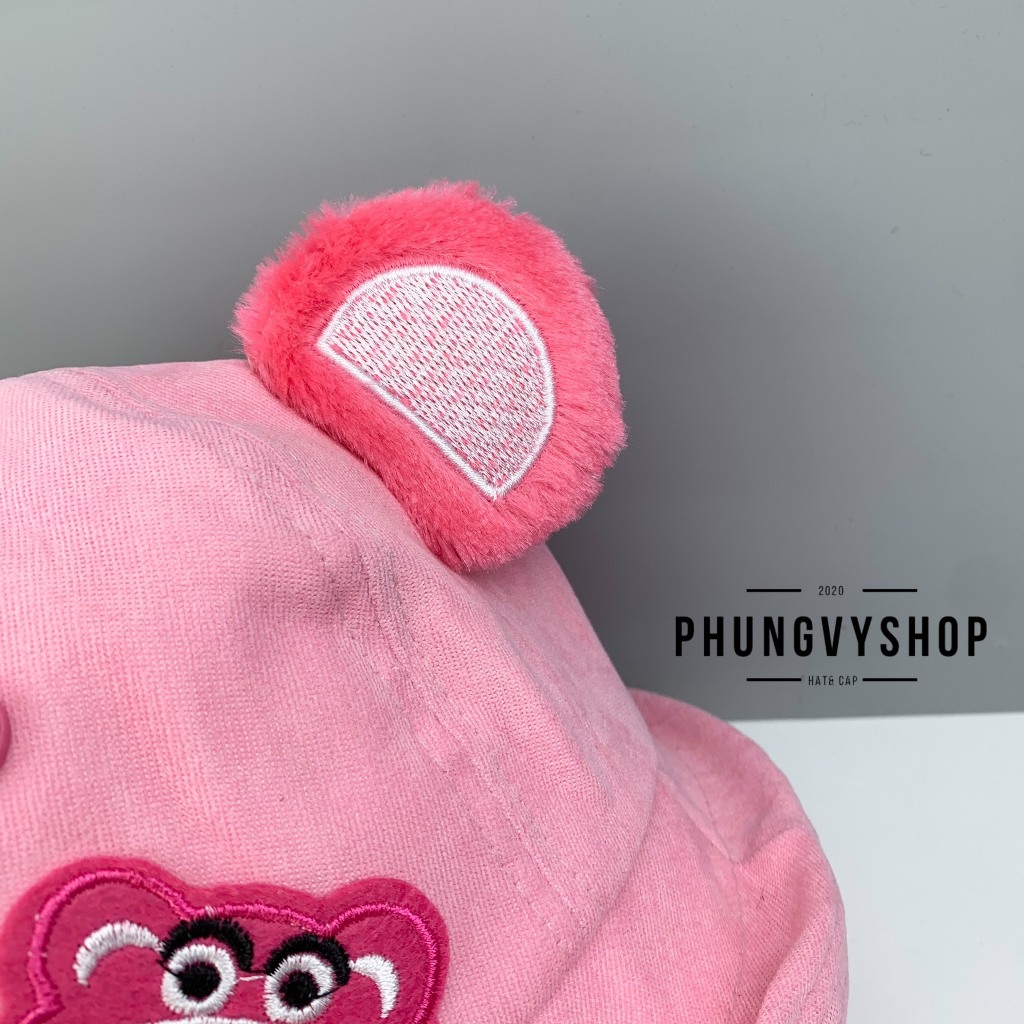BéTrên4Tuổi/Vđ 54cm_Mũ bucket tai bèo vành gái trẻ em phungvyshop-nón BO gấu dâu lotso NHUNG NỈ VÀNH LẬT MATTO MỘT BÊN