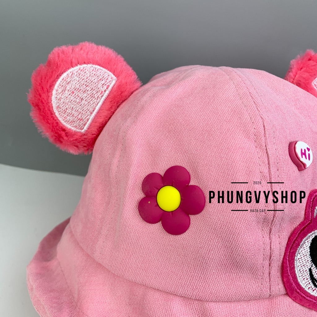 BéTrên4Tuổi/Vđ 54cm_Mũ bucket tai bèo vành gái trẻ em phungvyshop-nón BO gấu dâu lotso NHUNG NỈ VÀNH LẬT MATTO MỘT BÊN