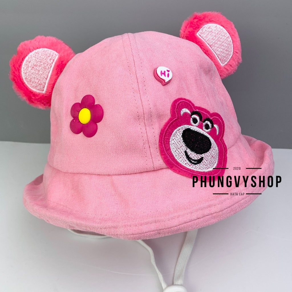 BéTrên4Tuổi/Vđ 54cm_Mũ bucket tai bèo vành gái trẻ em phungvyshop-nón BO gấu dâu lotso NHUNG NỈ VÀNH LẬT MATTO MỘT BÊN