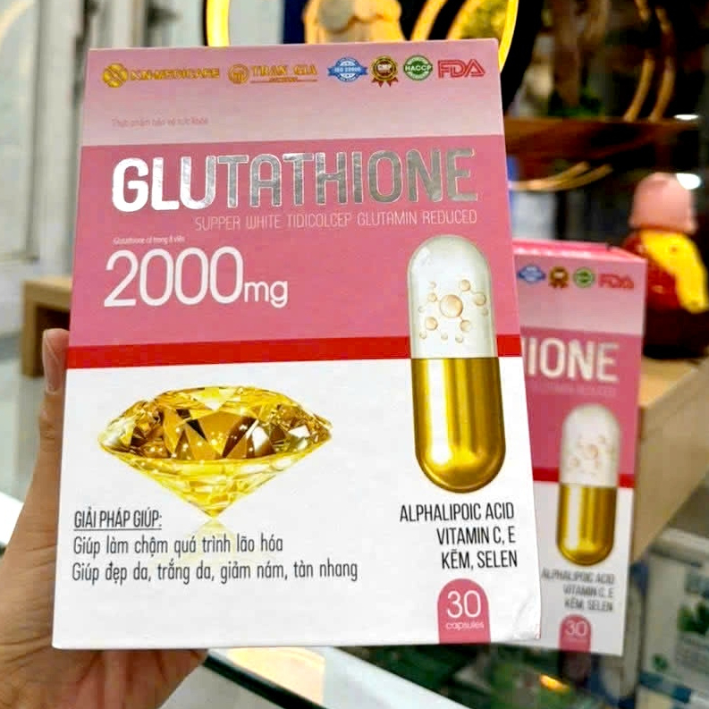Viên uống trắng da GLUTATHIONE 2000mg giúp dưỡng sáng mịn, làm đẹp da, hỗ  trợ mờ nám, sạm, tàn nhang, hộp 30 viên