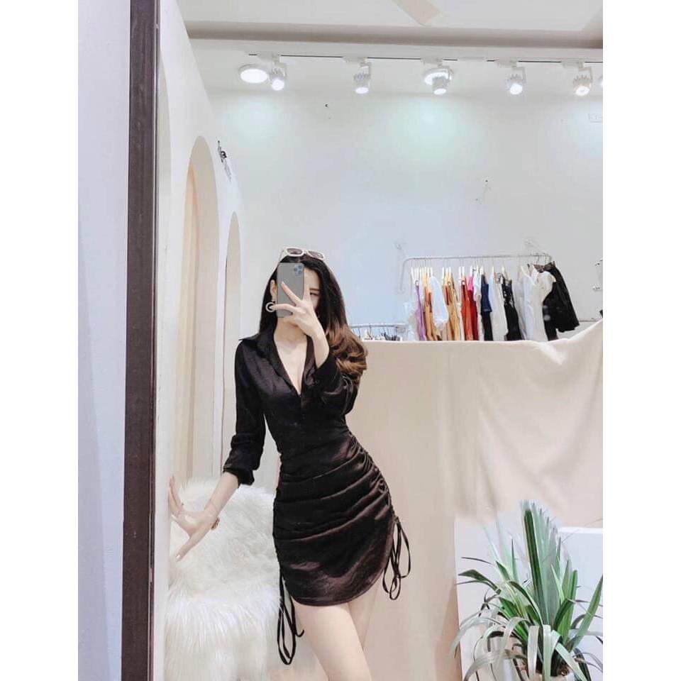 Đầm sơ mi ôm body rút dây 3 bên nhún váy tay phồng dài sang chảnh nữ tính freesize dưới 53kg