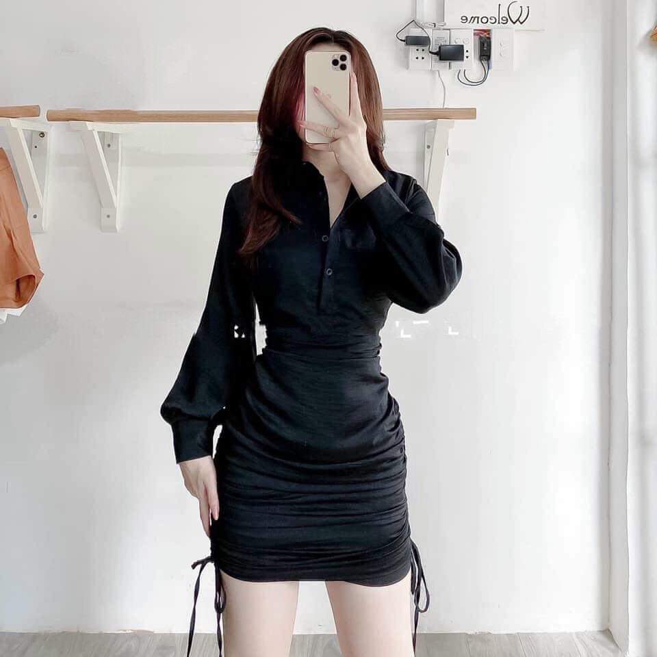 Đầm sơ mi ôm body rút dây 3 bên nhún váy tay phồng dài sang chảnh nữ tính freesize dưới 53kg