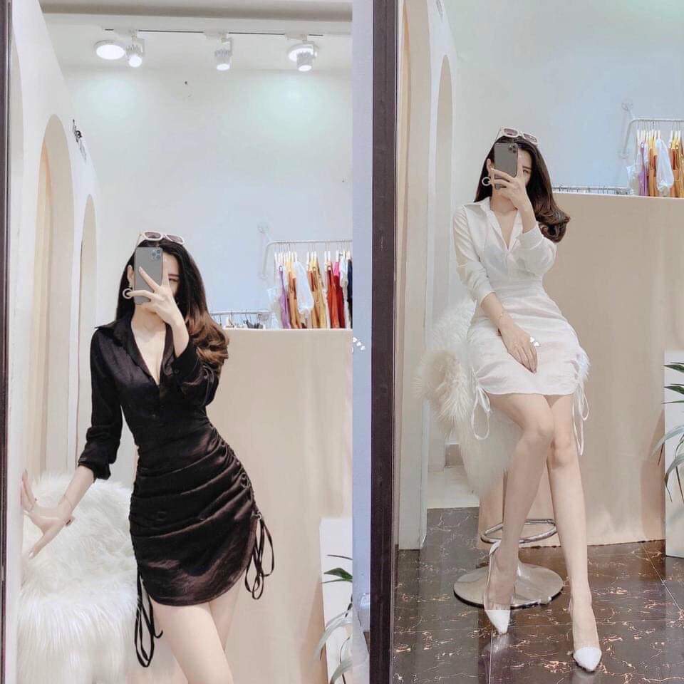 Đầm sơ mi ôm body rút dây 3 bên nhún váy tay phồng dài sang chảnh nữ tính freesize dưới 53kg